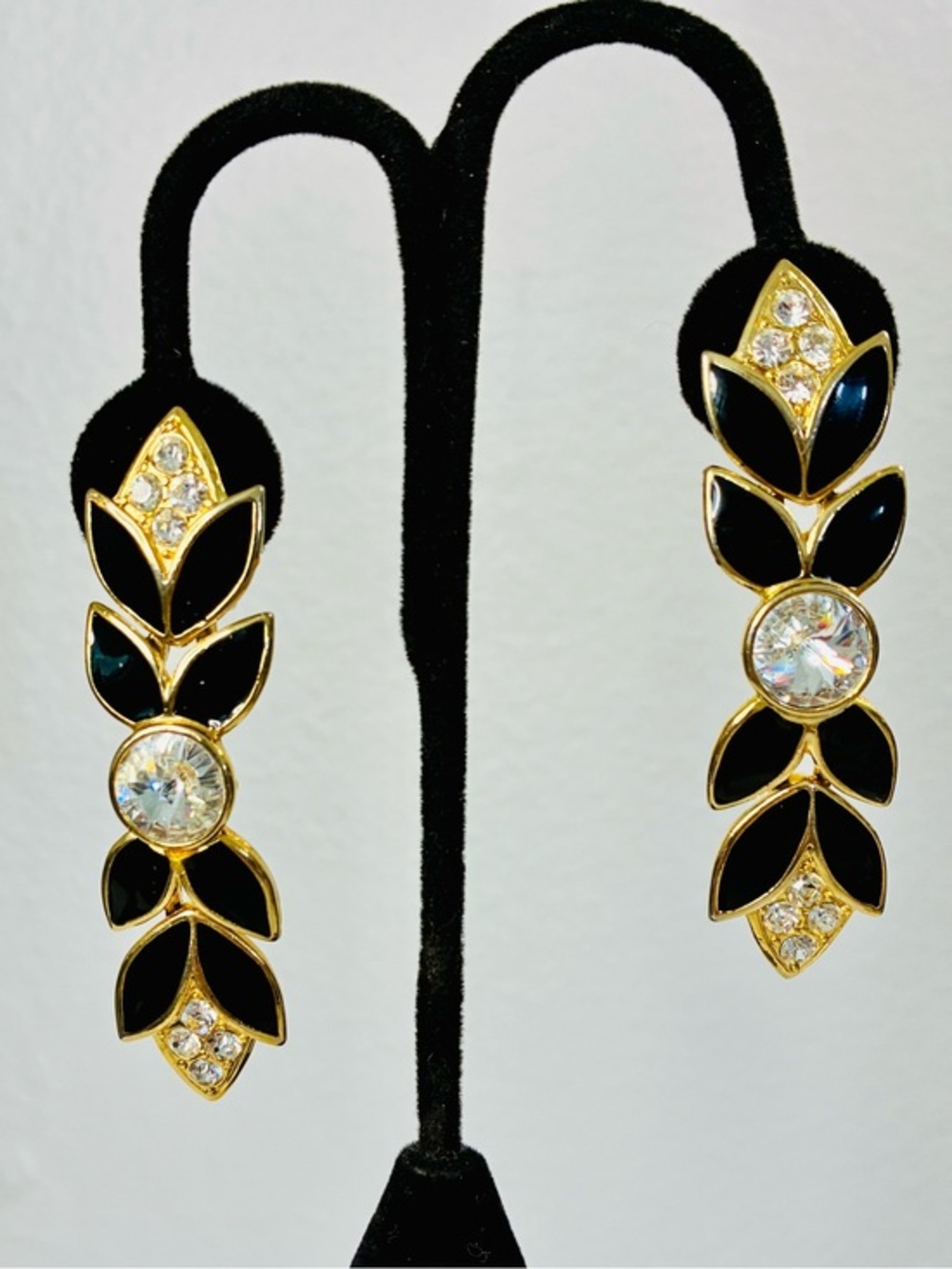 Bisjoux N.Y. Designs Gold-Tone Black Leaf Drop Clip Earrings w/ Clear Crystals